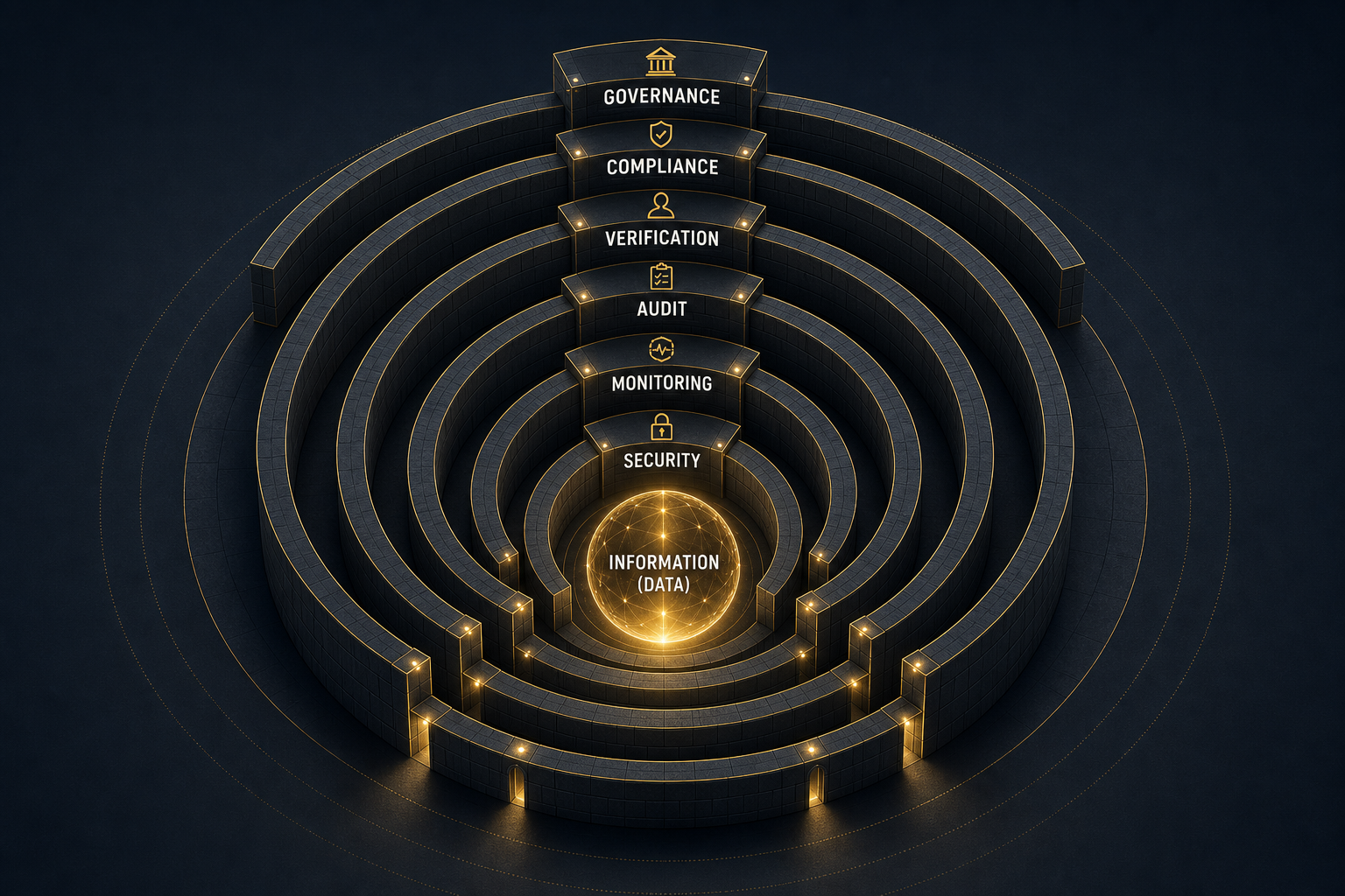 Layered security, monitoring, audit, verification, compliance, and governance walls around information data